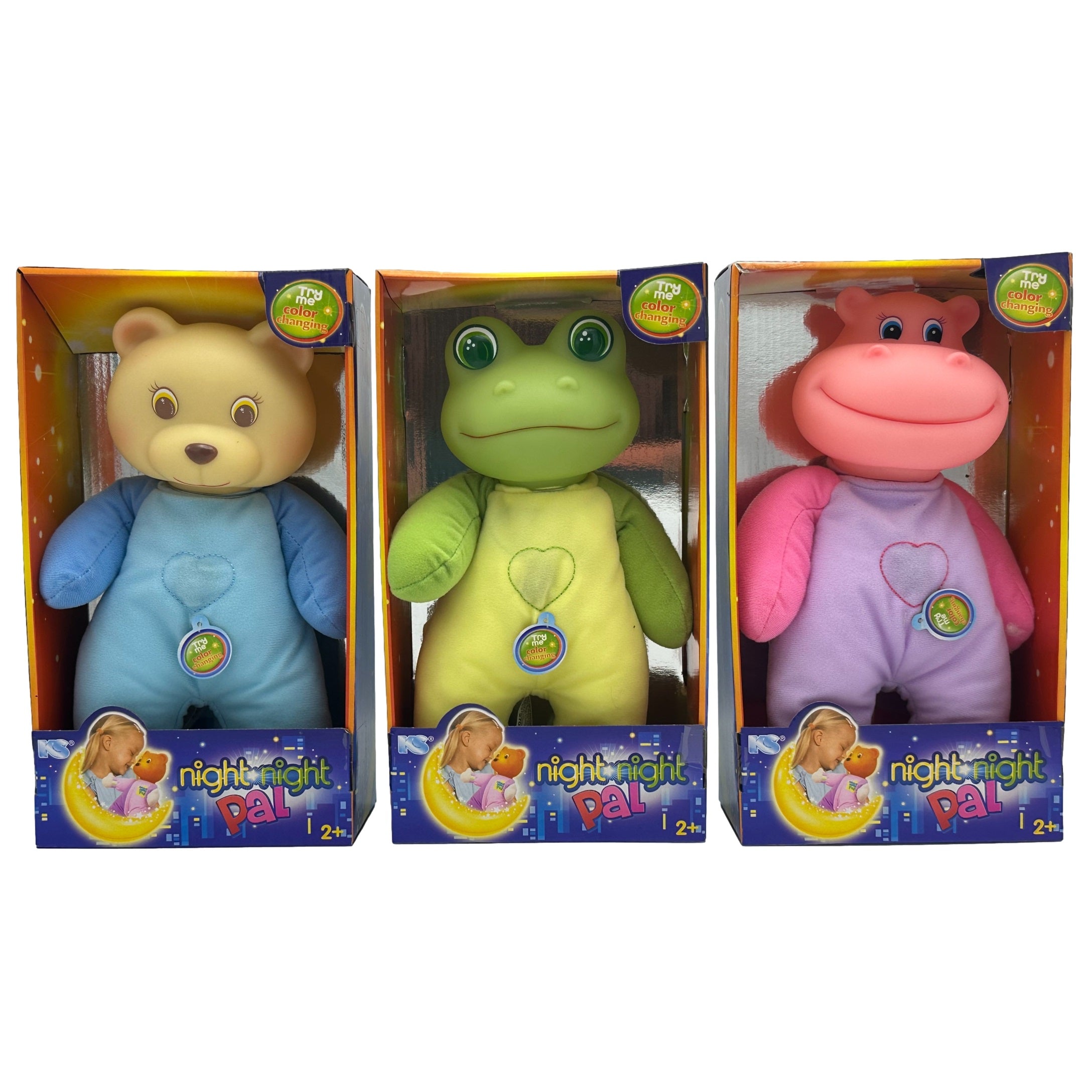 Three boxed "Night Night Pal" stuffed animals: a yellow bear, a green frog, and a pink hippo.